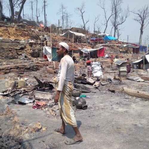 Destruction following the aftermath of the fire on 22nd March 2021 in Balukhali Refugee Camp in Ukhiya, Cox’s Bazar-Bangladesh